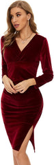 Red Velvet Dress, Short Velvet Dress, Dress with Slit, Side Slit Dress, Woman'S Sexy V Neck Long Sleeve Knee Length Ruched Bodycon Split Wrap Cocktail Party Ceremonial Dress (Dark Red, L)