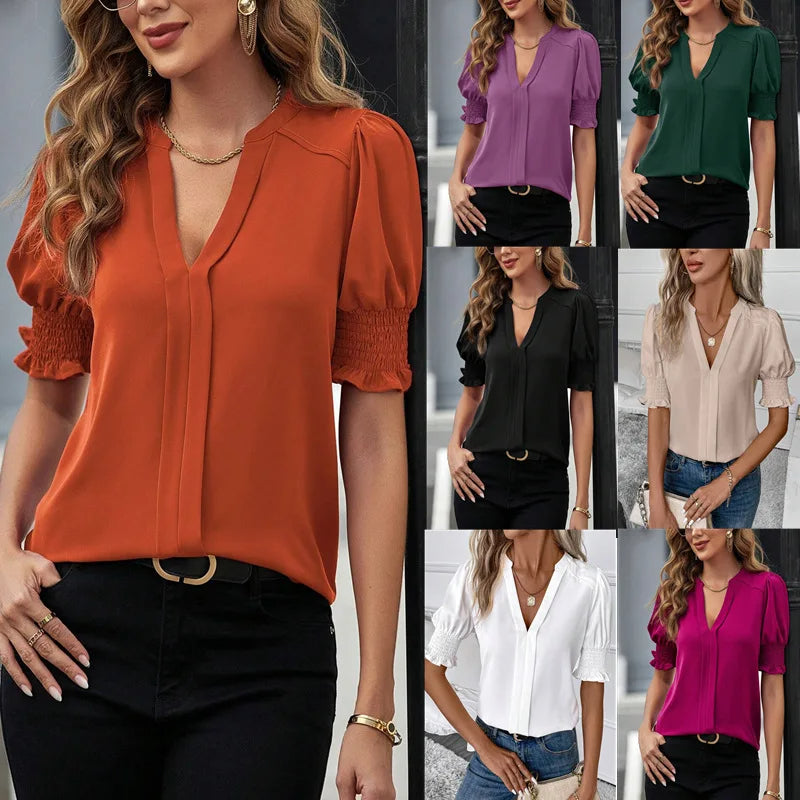 Elegant Tops Fashion White Blouses Shirts Lady Casual Short Puff Sleeve V-Neck Tops