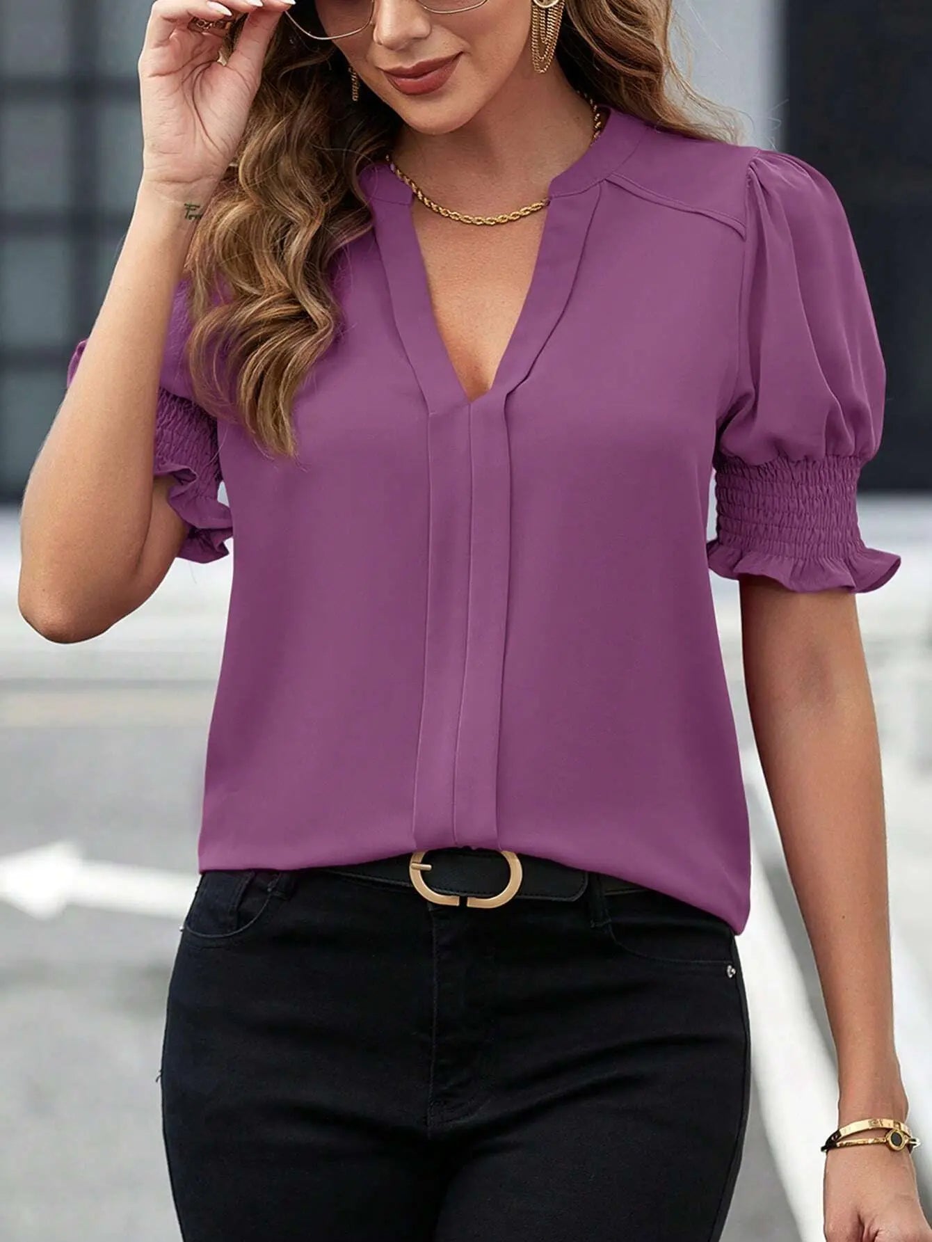 Elegant Tops Fashion White Blouses Shirts Lady Casual Short Puff Sleeve V-Neck Tops