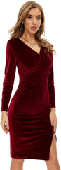 Red Velvet Dress, Short Velvet Dress, Dress with Slit, Side Slit Dress, Woman'S Sexy V Neck Long Sleeve Knee Length Ruched Bodycon Split Wrap Cocktail Party Ceremonial Dress (Dark Red, L)