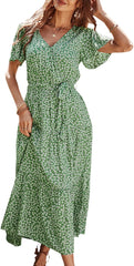 Women’S Dress Summer Boho Floral Printed Tiered V Neck Ruffle Short Sleeves Belted Midi Maxi Dresses