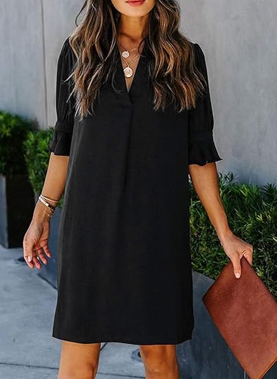 Summer Dresses for Women V Neck Ruffle Short Sleeve Casual Shift Dress